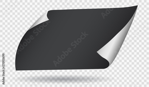 Black folded note, notebook paper sheet flying next to squared background. Vector illustration