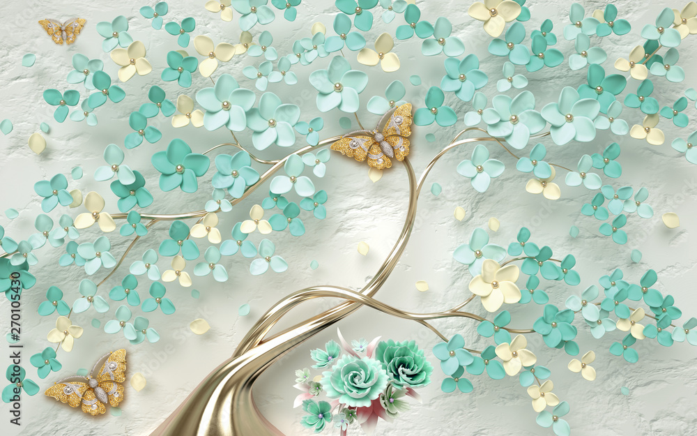 3d wallpaper abstract floral background with green flowers and golden butterfly - obrazy, fototapety, plakaty 