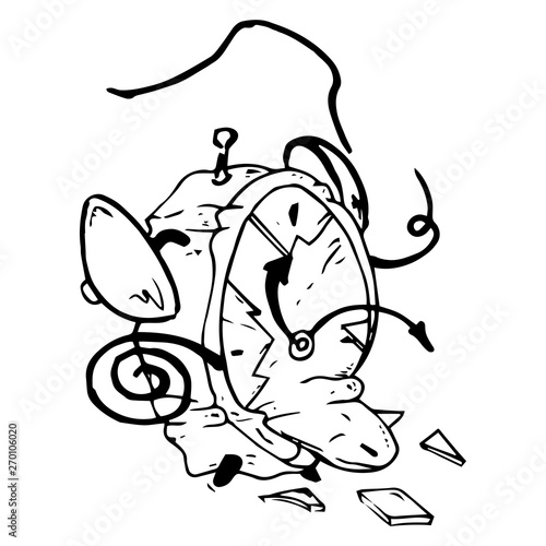 Broken alarm clock icon. Vector illustration of a cracked, broken alarm clock. Broken alarm clock hand drawn.