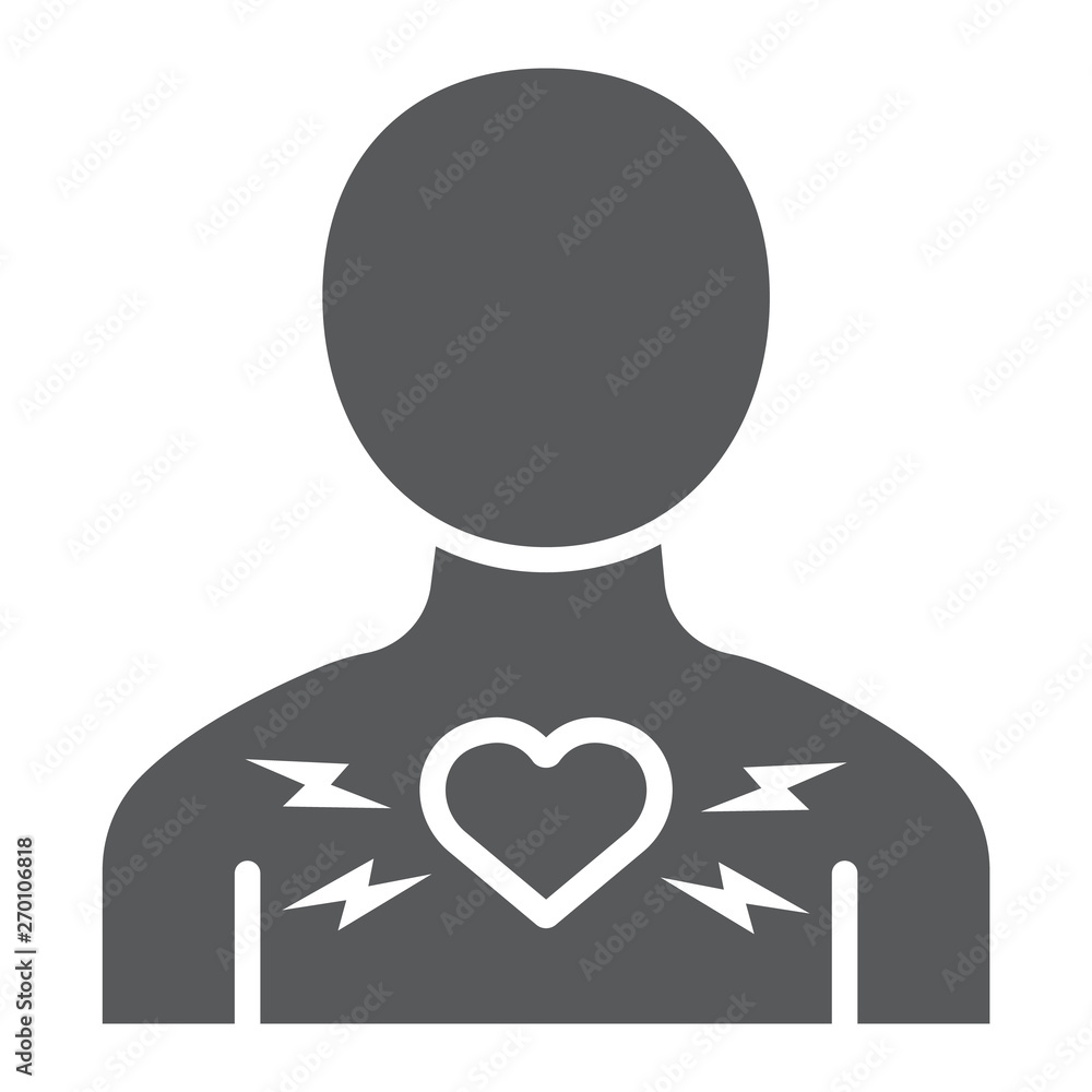 Heart ache glyph icon, body and pain, heart attack sign, vector graphics, a solid pattern on a white background. Heart ache glyph icon, body and pain, heart attack sign, vector graphics, a solid pattern on a white background.