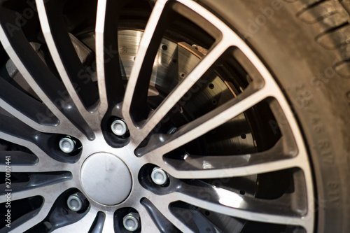 Closeup of an Aluminum Car Rim and Brake Disk