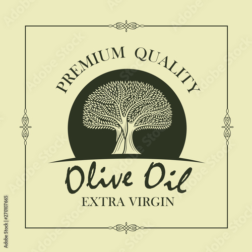 label for extra virgin olive oil with decorative olive tree