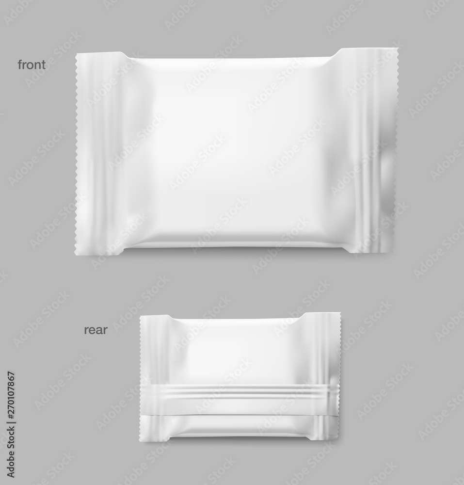 Realistic flow pack mockup. Front and rear view. Vector illustration. Easy to use for presentation your product, idea, design. EPS10. Realistic flow pack mockup. Front and rear view. Vector illustration. Easy to use for presentation your product, idea, design. EPS10.
