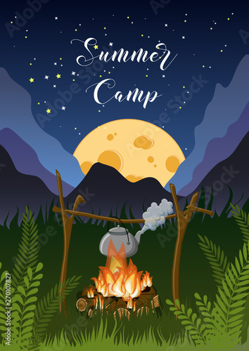 Summer camp poster with night mountain, grass, moon landscape, campfire, kettle on starry sky.