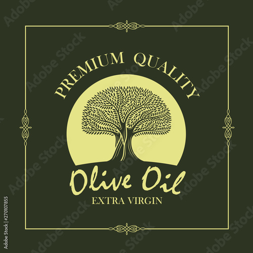 label for extra virgin olive oil with decorative olive tree