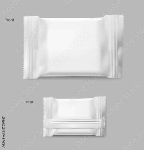 Realistic flow pack mockup. Front and rear view. Vector illustration. Easy to use for presentation your product, idea, design. EPS10.