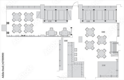 Small cafe, restaurant, beer pub - top view plans. Vector isolated.
