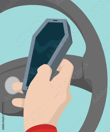 Texting and driving vector design. Cell phone in hand driving illustration concept