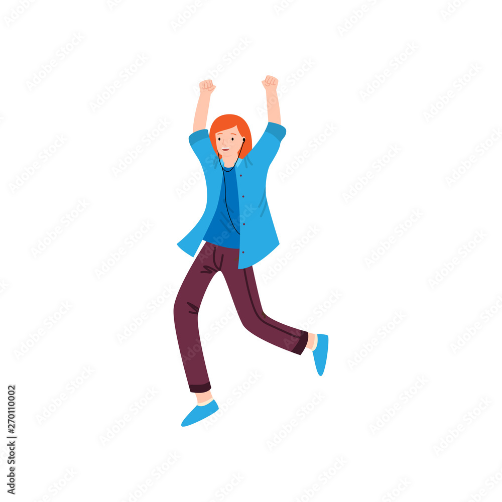 Fototapeta premium Dancing red hair girl in blue jacket with hands up