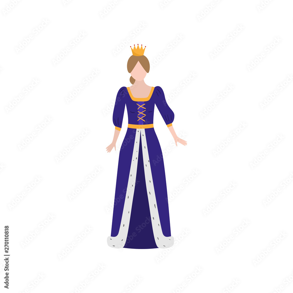 Cute medieval princess with gold crown and long blue dress