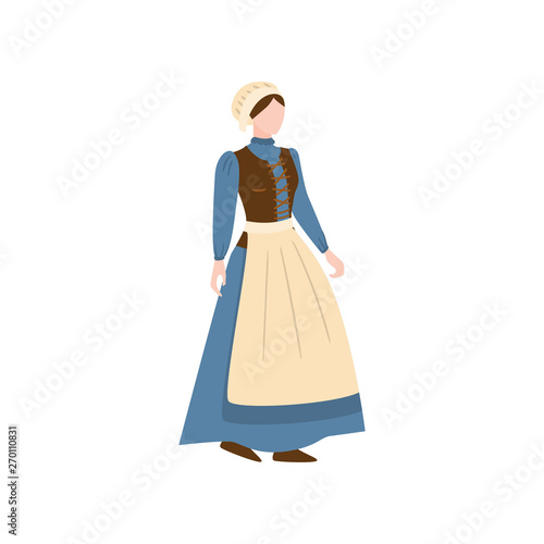 Medieval housewife woman in long blue dress with white apron
