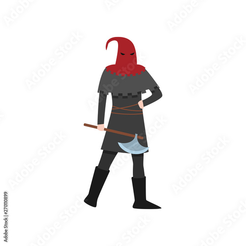 Medieval executioner man with red headwear and steel axe