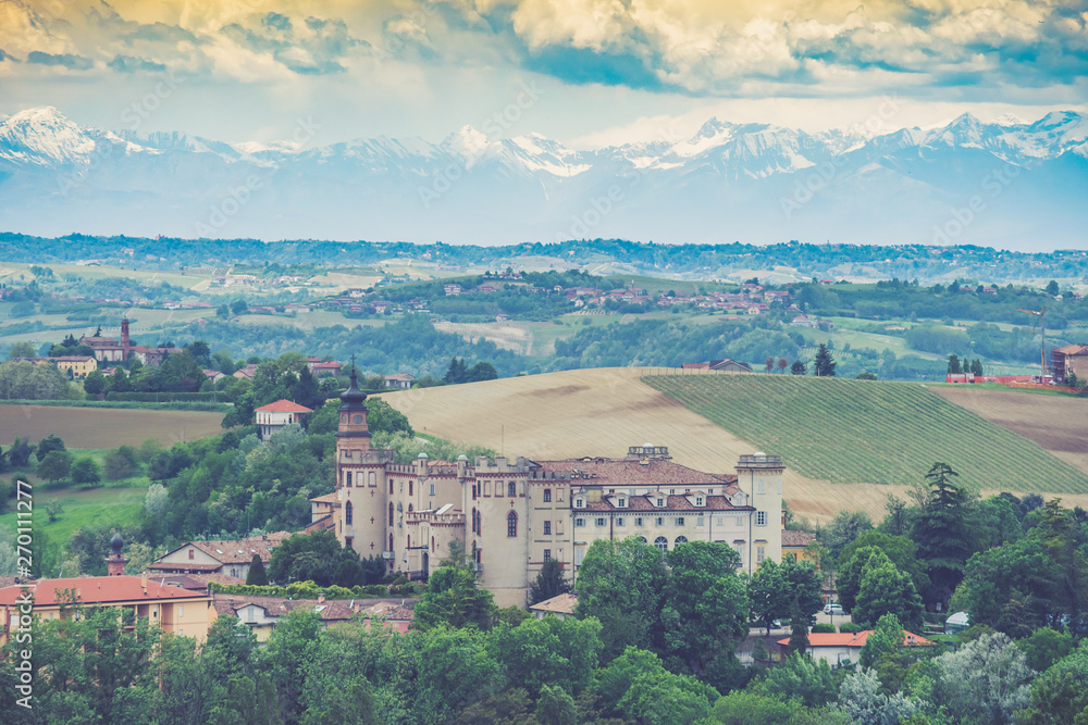 Castle of Costigliole d'Asti (Piedmont - Italy). Sunset light vintage colors