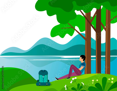 A man traveler sits on a hill under a tree resting and looks into the distance and the river. Vector illustration in cartoon style. Camping in the woods