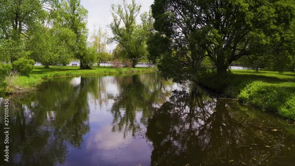 Nature shot overlooking pond with reflections of trees and grass located in Ontario, Canada Nature shot overlooking pond with reflections of trees and grass located in Ontario, Canada