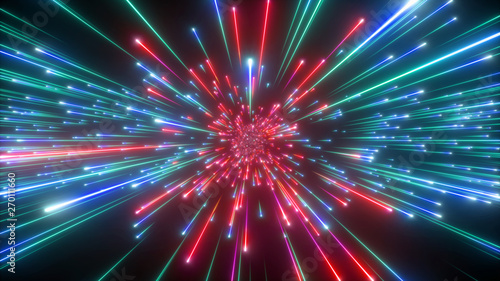 3d render, big bang, galaxy expanding, abstract cosmic background, celestial, beauty of universe, speed of light, red green fireworks, neon glow, stars, cosmos, ultraviolet infrared light, outer space