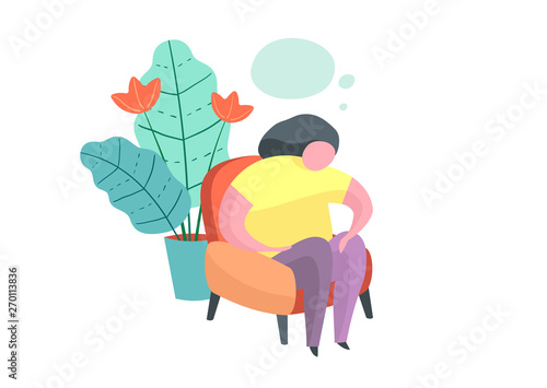 Chubby woman sitting at home thinking problem.