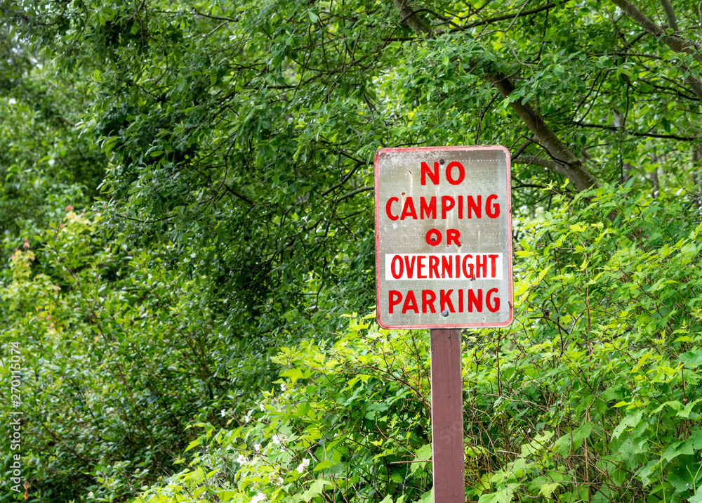 No camping or overnight parking sign with red lettering on rural road beside green trees. No camping or overnight parking sign with red lettering on rural road beside green trees.