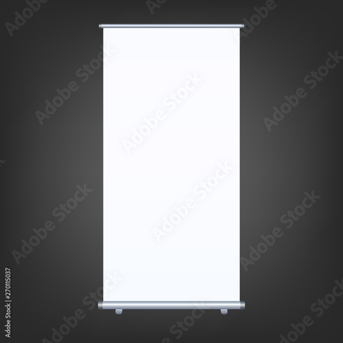 Blank roll-up banner isolated on white background. Design template blank for designers. Flipchart for training or promotional presentation. Vertical. Vector illustration EPS 10