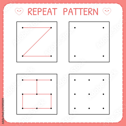 Repeat pattern. Working pages for kids. Educational games for practicing motor skills. Worksheet for kindergarten and preschool
