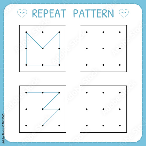 Repeat pattern. Working pages for kids. Worksheet for kindergarten and preschool. Educational games for practicing motor skills