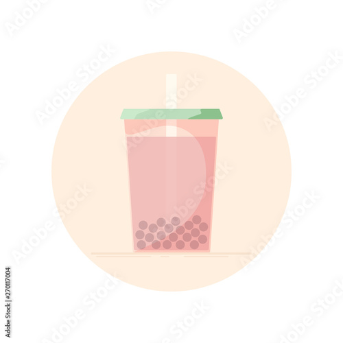 Vector icon of bubble tea in a cup for take away. No stroke flat icon, isolated in circle. Watermelon colors.