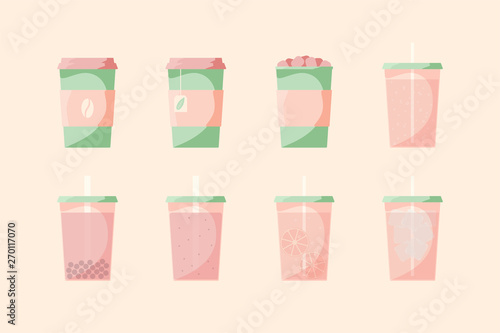Vector set of beverage icons. Soft drinks for take away. Hot - coffee, tea, cocoa, chocolate. Cold - lemonade, soda pop, smoothie, bubble tea, ice tea. Watermelon colors.