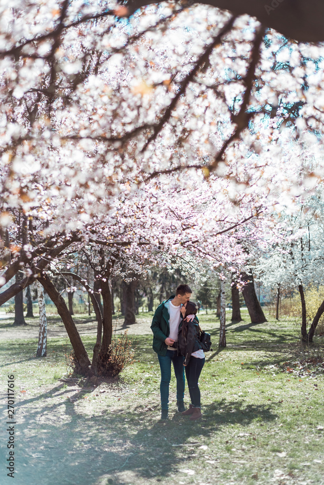 Young couple walking among cherry blossoms