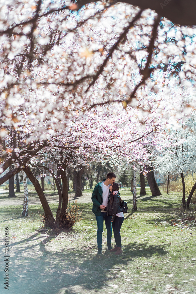 Young couple walking among cherry blossoms Young couple walking among cherry blossoms