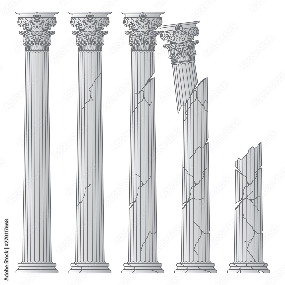 ruined historical Greek antique columns with capitals of the Korinvinsky warrant vector line illustration - obrazy, fototapety, plakaty 