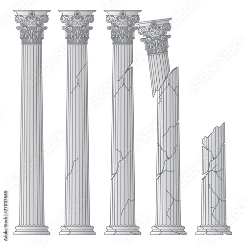 ruined historical Greek antique columns with capitals of the Korinvinsky warrant vector line illustration