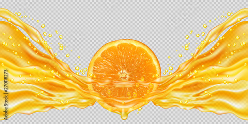 Orange juice and fruit. Transparent orange juice splash. Horizontal seamless pattern. The right and left sides of the illustration seamlessly fit together. Realistic vector illustration.
