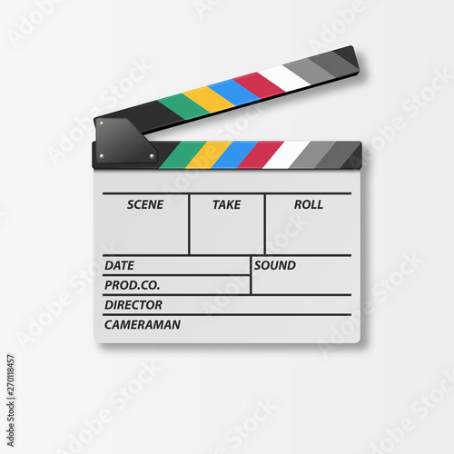 Vector 3d Realistic Opened Movie Film Clap Board Icon Closeup Isolated on White Background. Design Template of Clapperboard, Slapstick, Filmmaking Device. Top View