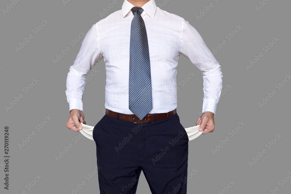 homem de Negócios com gravata azul e camisa branca mostando bolsos vazios  isolado em fundo cinza Stock Photo | Adobe Stock