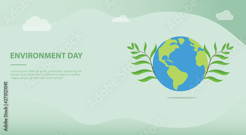 environment day concept with big earth and green plant with team people and words for website template or landing homepage banner - vector