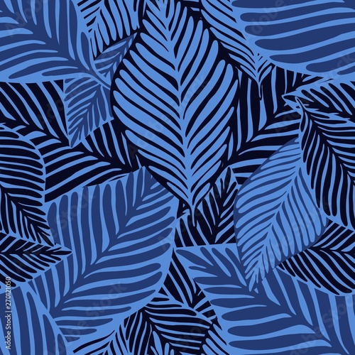 Abstract tropical pattern, palm leaves seamless floral background.
