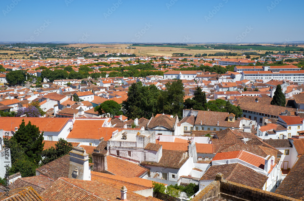 The view of city residential houses surrounding the Cathedral (Se) of Evora. Portugal