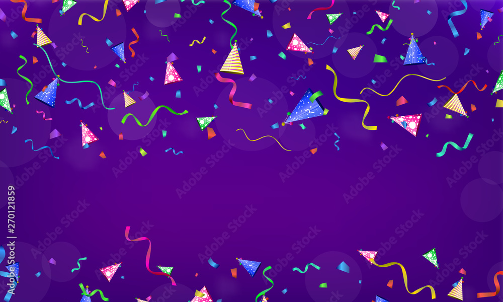Obraz premium Celebration. Vector serpentine, confetti and party hat on colourful background. Vector