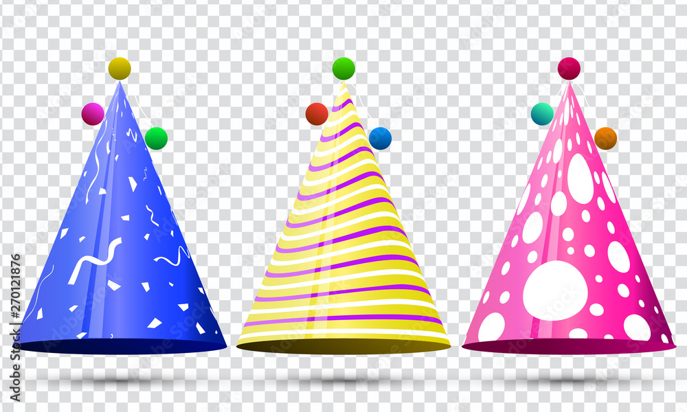 Party hat set on transparent background. Birthday. Vector fun decoration. Colorful surprise costume. - obrazy, fototapety, plakaty 