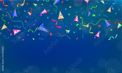 Celebration. Vector serpentine, confetti and party hat on colourful background. Vector