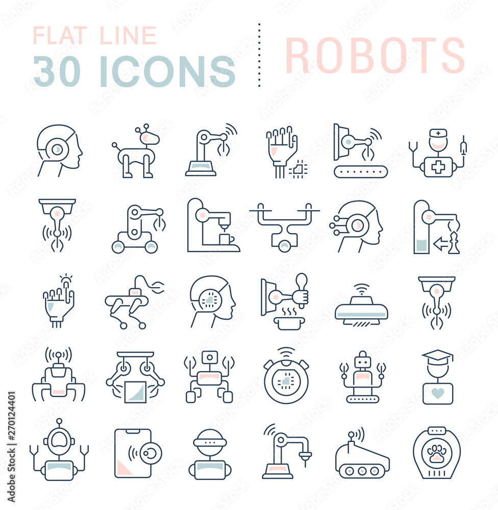 Set Vector Line Icons of Robots