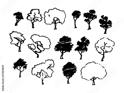 Trees sketch set, cartoon vintage illustration, ink draw engraved style, hand drawn isolates