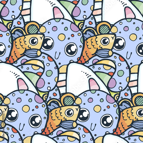Seamless doodle pattern with cute ocean elements