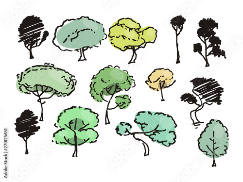 Trees sketch set, cartoon vintage illustration, ink draw engraved style, hand drawn isolates