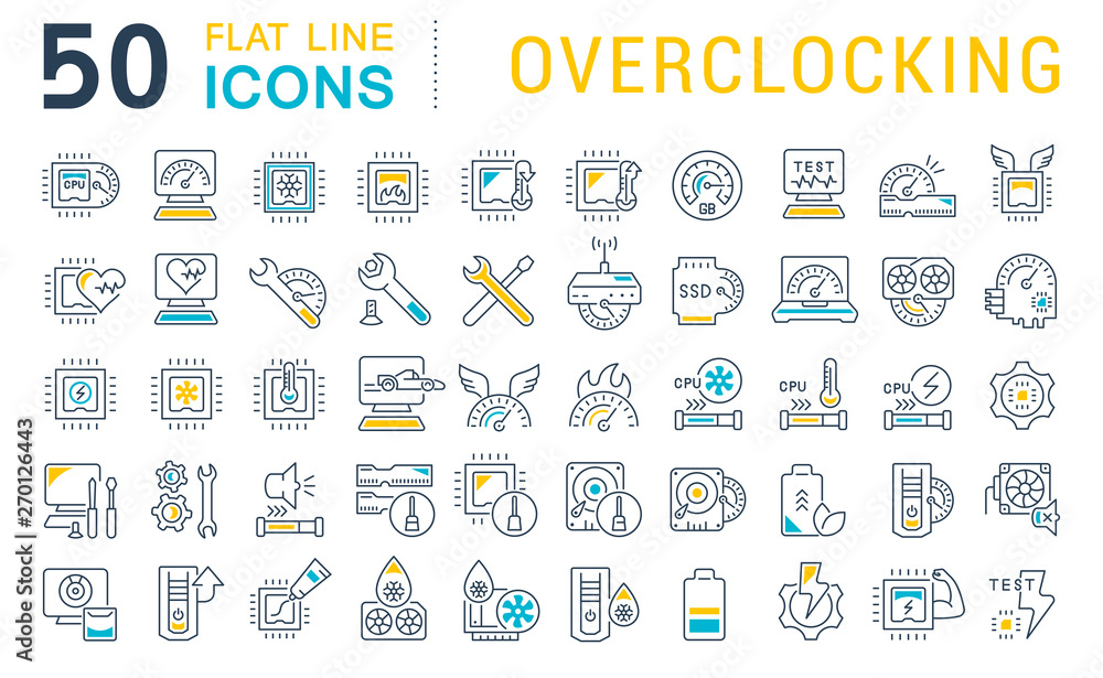 Set Vector Line Icons of Overclocking