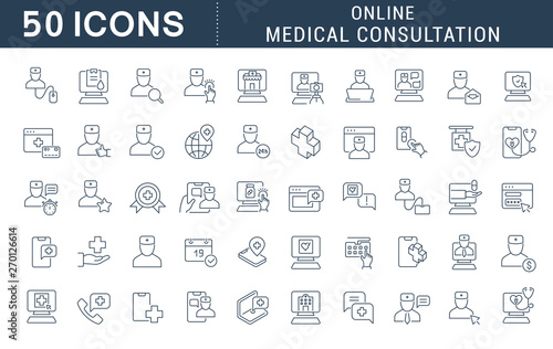 Set Vector Line Icons of Online Medical Consultation