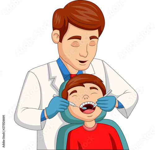 Cartoon little boy having his teeth checked by dentist