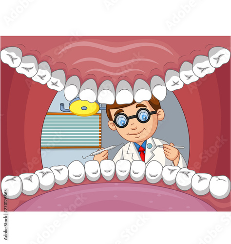 Cartoon dentist check tooth into open mouth of patient