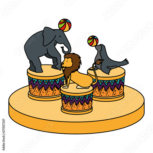 circus animals playing with balloons in steps
