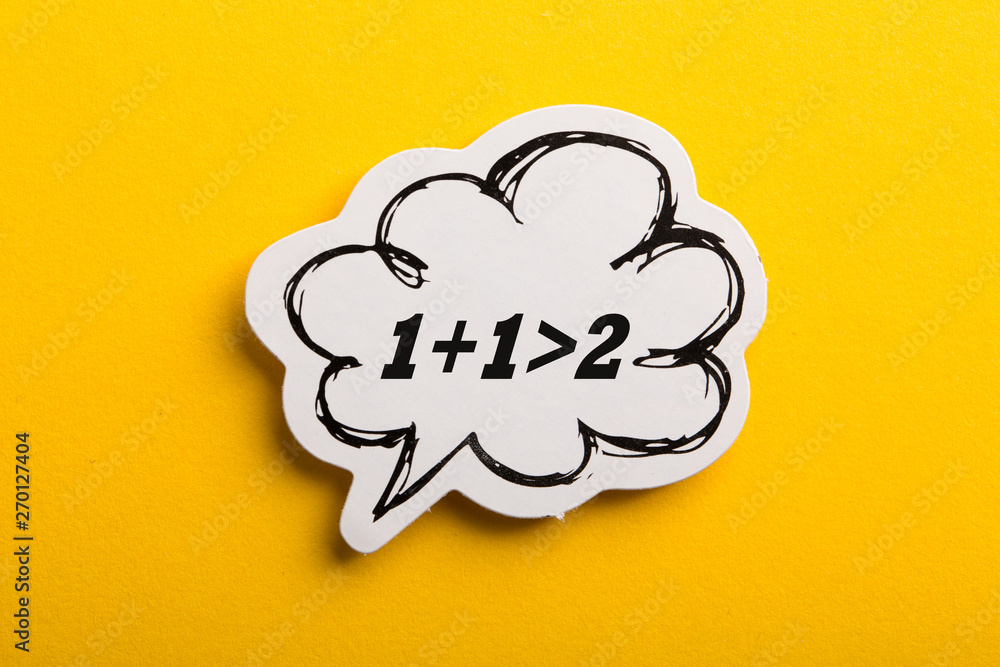 Synergy 1+1>2 Speech Bubble Isolated On Yellow Background Synergy 1+1>2 Speech Bubble Isolated On Yellow Background